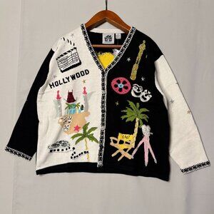90s Vintage Storybook Knits Old Hollywood Beaded Novelty Button Cardigan 2X NWT